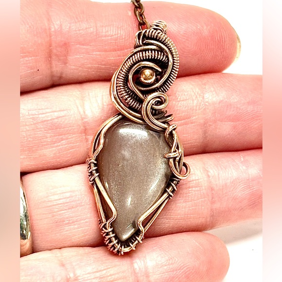 HAND CRAFTED Gray Moonstone Copper Wire Wrapped Pendant Necklace, Handmade - Picture 3 of 10